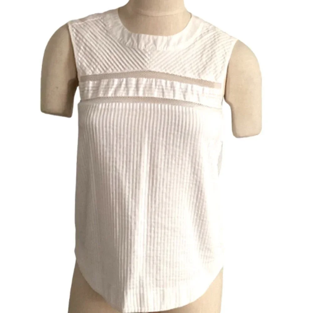 J Crew Pleated Cotton Shirt Sleeveless Top Pintuck Blouse Sz 00 White #157D‎